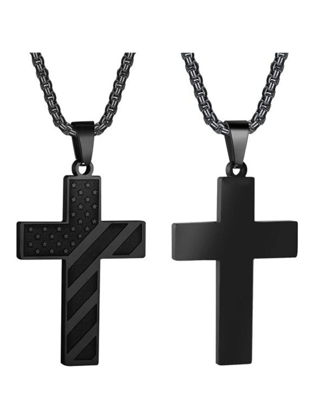 BLACK American Flag Cross Necklace Men Stainless Steel Box Chain 22+2 inch NWT